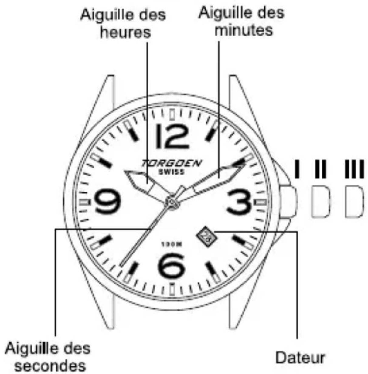 Aiguille des heures Aiguille des minutes TORGODEN SWISS 12 9 3 130M 6 Aiguille des secondes Dateur