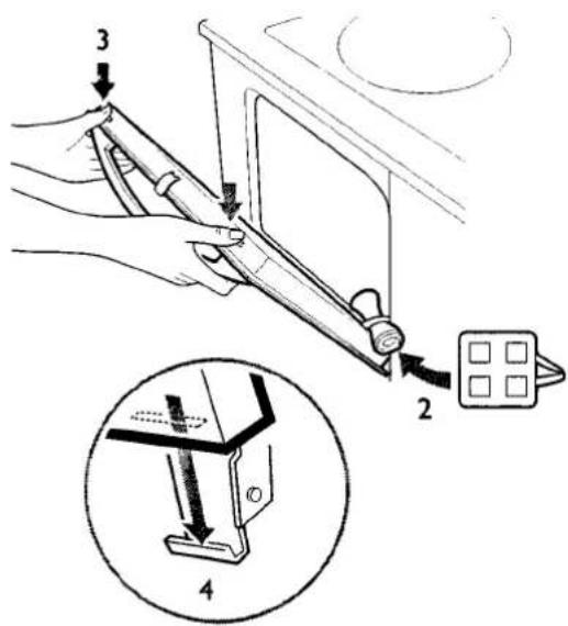 Diagram illustrating a mechanical device with labeled parts and a magnified view of the component being inserted into a bracket.