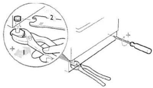 Technical diagram showing a hand operating a tool with labeled parts and a magnified inset view of the tool's tip.