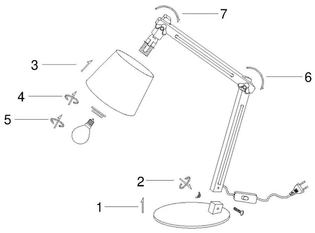 Labeled diagram of a desk lamp with numbered parts for identification and assembly reference.