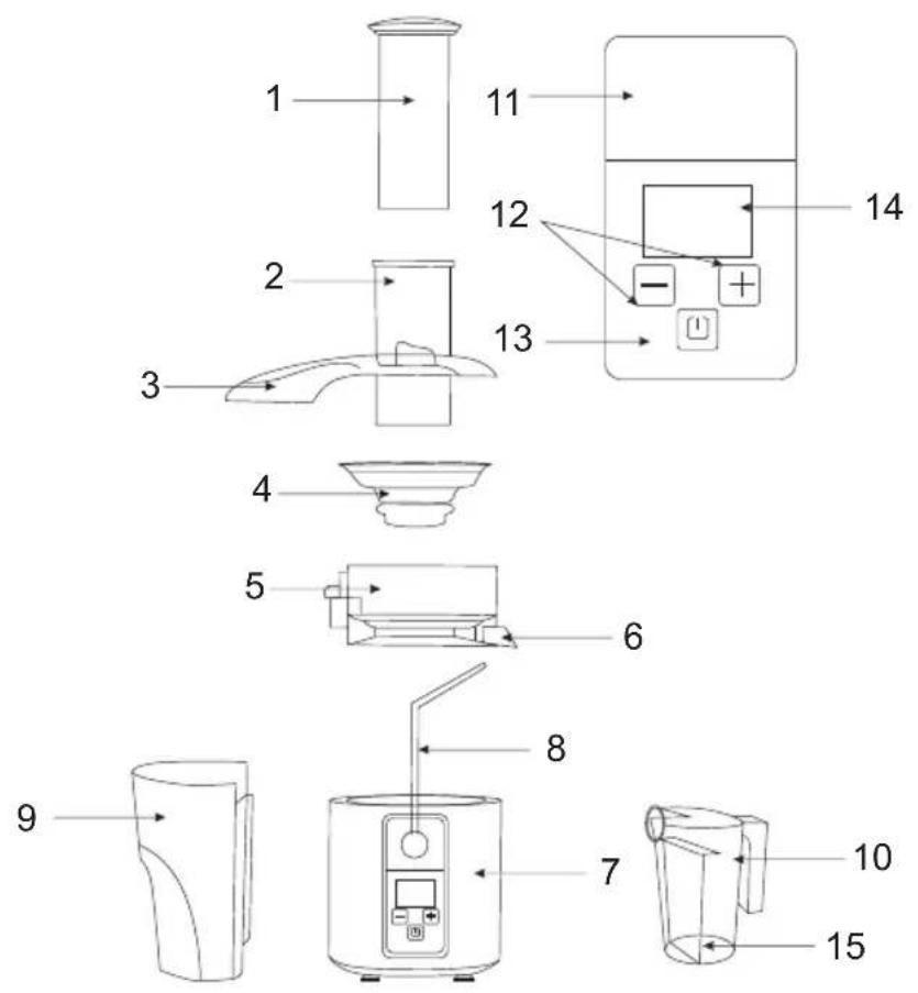Exploded diagram of a kitchen appliance with numbered parts for identification and assembly reference.