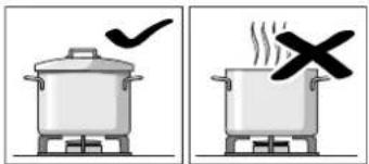 Illustration showing two cooking pots with checkmarks and X marks indicating cooking methods or conditions.