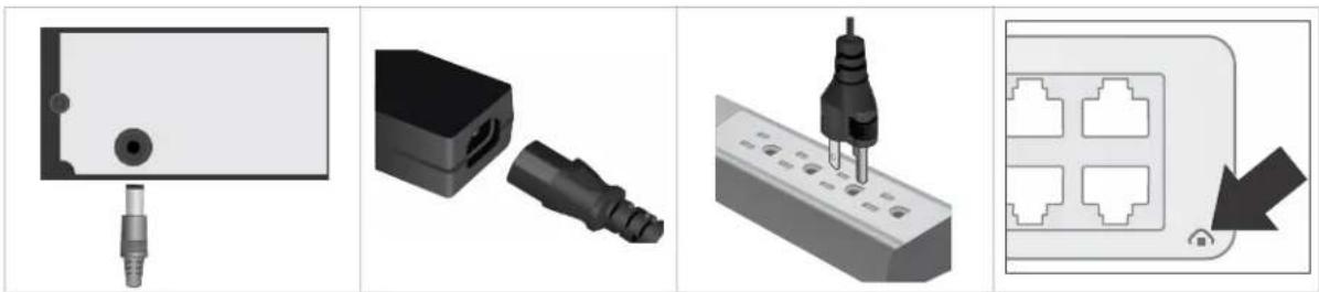 Four-panel diagram showing different electronic components: a connector, a USB port, a plug socket, and an electrical socket with four ports (no text or symbols)