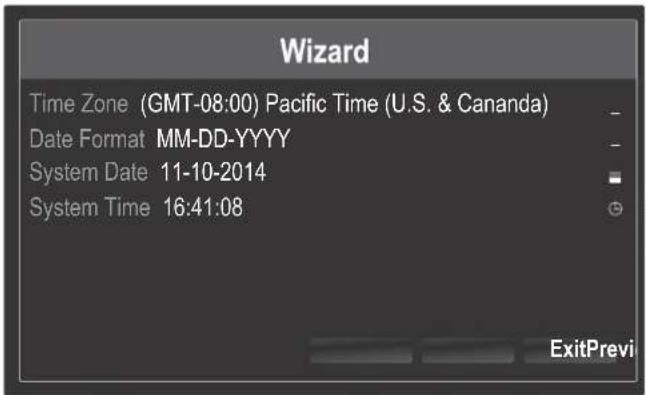Wizard Time Zone (GMT-08:00) Pacific Time (U.S. & Canada) Date Format MM-DD-YYYY System Date 11-10-2014 System Time 16:41:08 ExitPrevi