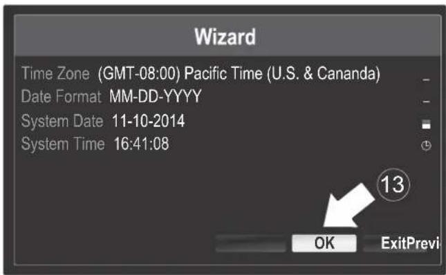 Wizard Time Zone (GMT-08:00) Pacific Time (U.S. & Canada) Date Format MM-DD-YYYY System Date 11-10-2014 System Time 16:41:08 OK ExitPrev