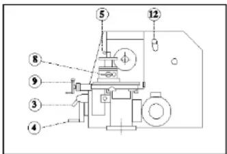 Technical diagram of a mechanical device with numbered components and labeled parts