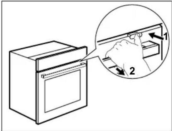 Diagram showing a hand inserting a component into an oven, with labeled parts 1 and 2 indicating the process.