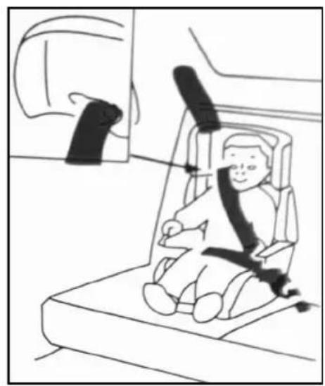 Line drawing of a child in a car seatbelt inside a vehicle (no text or symbols)