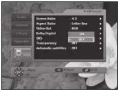 Create Channel Memory Audio Data Screen Ratio : 4.3 Aspect Ratio : Letter Box Video Out : RGB Betby Digital ON SRS OFF Transparency OFF Automatic subtitles : OFF