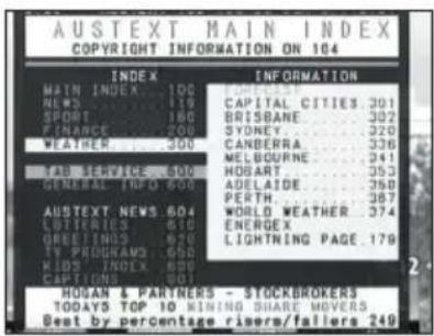 AUSTEXT MAIN INDEX COPYRIGHT INFORMATION ON 104 INDEX INFORMATION MAIN INDEX 100 CAPITAL CITIES 301 NEWS 119 BRISBANE 302 SPORT 160 SYDNEY 320 FINANCE 200 CANBERRA 336 WEATHER 300 MELBOURNE 241 TAB SERVICE 600 HOBSART 353 GENERAL INFO 600_ADELAIDE 350 PERSH 387 AUSTEXT NEWS 604 WORLD WEATHER 374 LOTTERIES 610_ENERGEX GREETINGS 670 LIGHTNING PAGE 179 TV PROGRAMS 650 KIDS INDEX 600 CACTING 610 HOGAN & PARTNERS - STOCKBROKERS TODAYS TOP 10 MINING SHARE MOVERS Best by percentage rivers/fallers 249