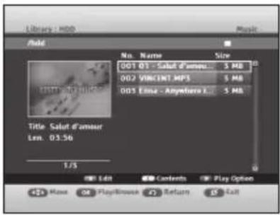 Library : HDD Music Add No. Name Size 001 01 - Salut d'ameur 5 MB 002 VINCENT.MPS 5 MB 003 Emae - Anywhere L 5 MB Title Salut d'ameur Lvm. 03:56 1/5 Edit Contents Play Option 42 Max OK PlayBlouse 45 Return IS Call