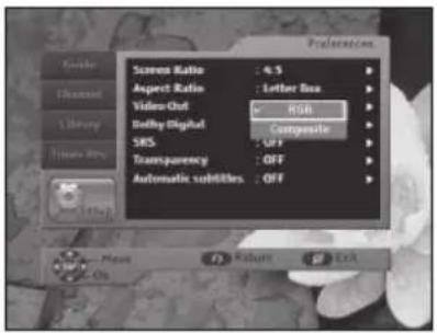 Preferences Screen Ratio : 4.5 Aspect Ratio : Letter Box Video Out SBR Bolby Digital Composite SRS: OFF Transparency: OFF Automatic subfilters: OFF