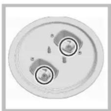 Top-down view of a circular mechanical component with two circular features and mounting holes (no text or symbols visible)