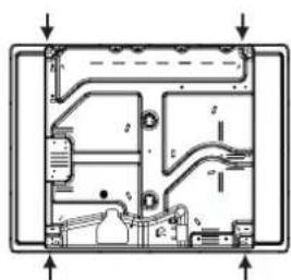 Cross-sectional diagram of an electronic device casing with internal components and mounting holes (no text or labels)