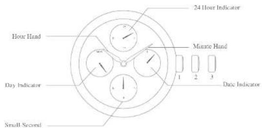 24 Hour Indicator Hour Hand Minute Hand Day Indicator Date Indicator Small Second