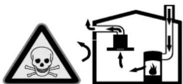 Safety warning symbol and diagram showing a skull collision and fire extinguisher circuit with airflow arrows