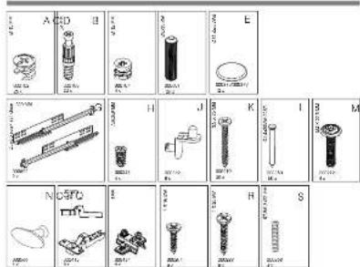 Technical diagram showing various types of mechanical components labeled A through M, with some including cylindrical and threaded parts.