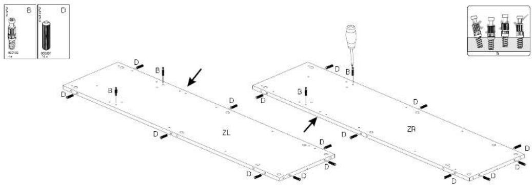 Technical diagram showing two 3D mechanical assembly views with labeled components (B, D, ZL, ZR) and directional arrows indicating assembly or movement.