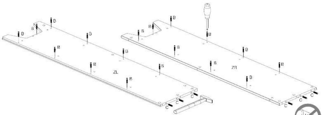 Technical diagram of a mechanical assembly with labeled components and reference points (B, C, ZL, ZR)