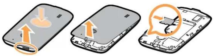 Diagram illustrating three stages of a smartphone's internal structure, showing battery drop, open circuit board, and closed panel with magnified view.