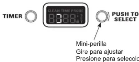 TIMER CLEAR TIME PROBE 0:00:00:00 T PUSH TO SELECT Mini-perilla Gire para ajustar Presione para seleccio