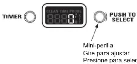 TIMER CLEAN TIME PROBE 0:00:00 0:00:00 PUSH TO SELECT Mini-perilla Gire para ajustar Presione para selec