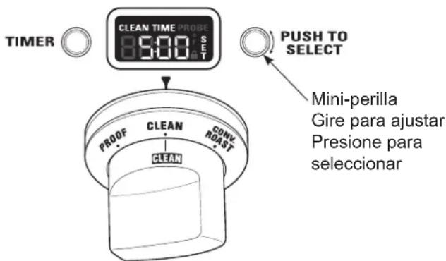 TIMER CLEAN TIME PROBE SET 8:00 PUSH TO SELECT PROOF CLEAN CONV ROAST CLEAN Mini-perilla Gire para ajustar Presione para seleccionar