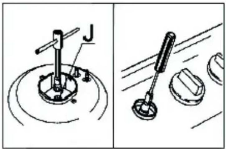 Technical diagram showing mechanical assembly with labeled component 'J' and a tool interacting with a circular base, alongside a close-up of a mechanical part.