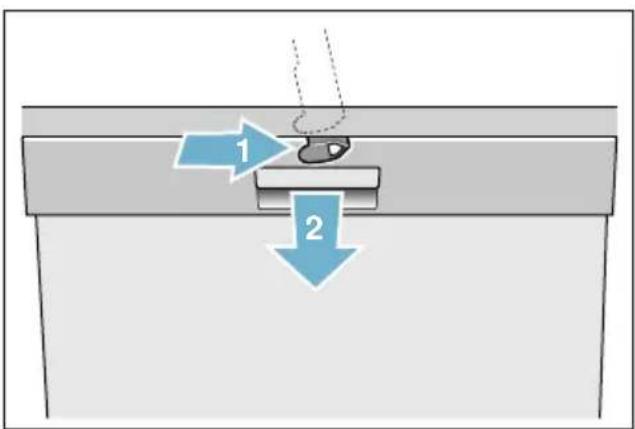 Diagram showing two labeled arrows pointing to a mechanical component, with blue arrows indicating direction of movement.