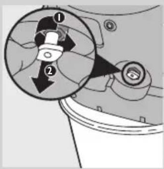 Diagram showing a mechanical component with numbered parts and directional arrows, likely illustrating a motion or assembly process.