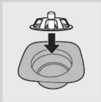 Simple line drawing of a square sink with a lid and arrow indicating downward flow.