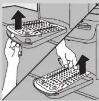 Illustration of two hands operating a portable device with arrows indicating upward movement.
