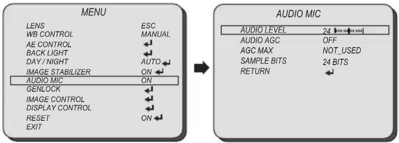 MENU LENS ESC WB CONTROL MANUAL AE CONTROL ← BACK LIGHT ← DAY / NIGHT AUTO IMAGE STABILIZER ON AUDIO MIC ON GENLOCK ← IMAGE CONTROL ← DISPLAY CONTROL ← RESET ON EXIT → AUDIO MIC AUDIO LEVEL 24 AUDIO AGC OFF AGC MAX NOT_USED SAMPLE BITS 24 BITS RETURN ←