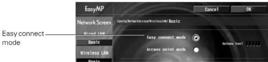 EasyMP Network Screen Wired LAN Basic Wireless LAN Basic Config/NetworkScreen/Wire less LAN/ Basic Easy connect mode Access point mode Cancel OK Antenna level