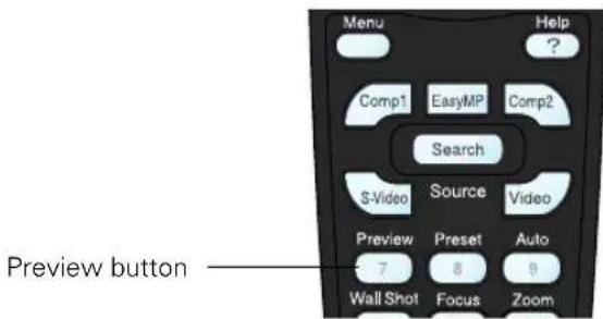 Menu Help ? Comp1 EasyMP Comp2 Search S-Video Source Video Preview Preset Auto 7 8 9 Wall Shot Focus Zoom Preview button