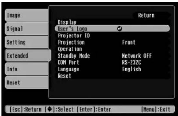 Image Signal Setting Extended Info Reset Display User's Logo Projector ID Projection Operation Standby Mode COM Port Language Reset Return Front Network OFF RS-232C English [Esc]:Return [◆]:Select [Enter]:Enter [Menu]:Exit
