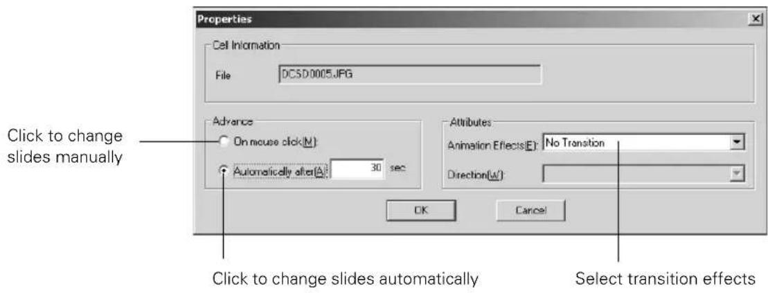 Properties Cell Information File DCSD0005.JPG Advance On mouse click(M) Automatically after(A): 30 sec Attributes Animation Effects(E): No Transition Direction(W): Click to change slides manually Click to change slides automatically Select transition effects OK Cancel