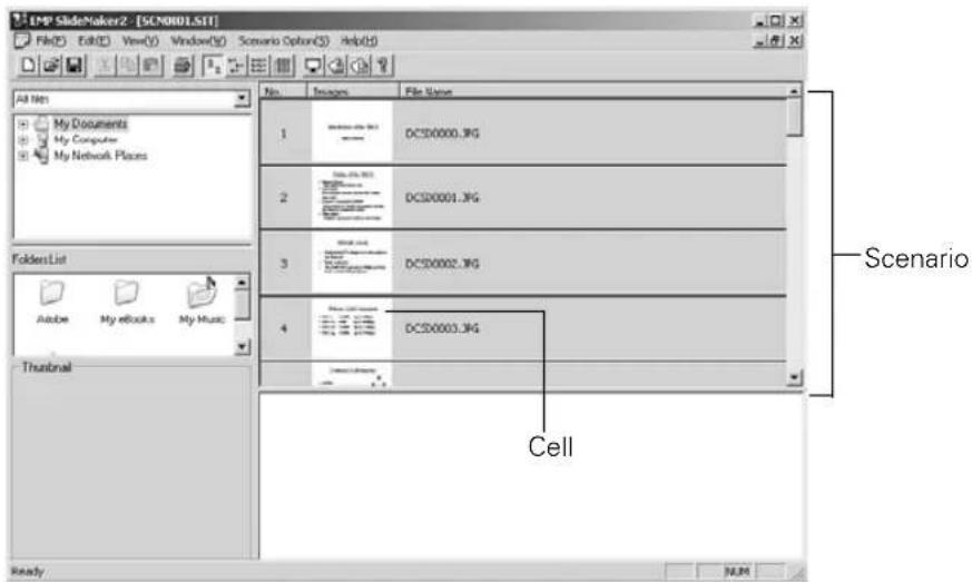 EMP SlideMaker2 - [SCN00DL.SIT] File(F) Edit(E) View(V) Window(W) Scenario Option(S) Help(H) All Files My Documents My Computer My Network Places Folders List Adobe My eBooks My Music Thunbrial No. Names File Name 1 DCSD0000.JPG 2 DCSD0001.JPG 3 DCSD0002.JPG 4 DCSD0003.JPG Cell Ready Scenario