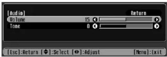 [Audio] Volume 15 Return Tone 0 [Esc]:Return [◆]:Select [◆]:Adjust [Menu]:Exit