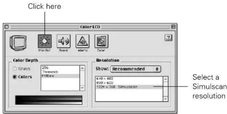 Click here Color LCD Monitor Sound Alerts Color Color Depth 256 Thousands Millions Colors Resolution Show: Recommended 640 x 480 800 x 600 1024 x 769 Simulscan Select a Simulscan resolution