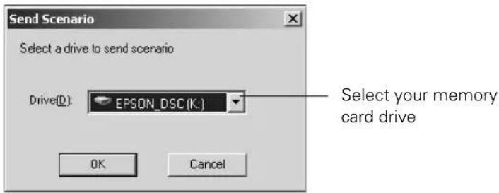 Send Scenario Select a drive to send scenario Drive(D): EPSON_DSC(K) OK Cancel Select your memory card drive