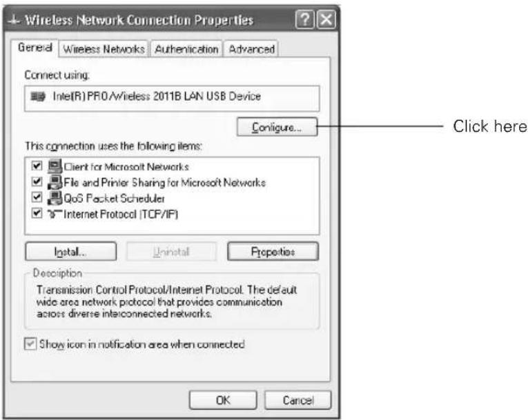 Wireless Network Connection Properties General Wireless Networks Authentication Advanced Connect using: Intel(R) PRO/Wireless 2011B LAN USB Device Configure... This connection uses the following items: Client for Microsoft Networks File and Printer Sharing for Microsoft Networks QoS Packet Scheduler Internet Protocol (TCP/IP) Install... Uninstall Properties Description Transmission Control Protocol/Internet Protocol. The default wide area network protocol that provides communication across diverse interconnected networks. Show icon in notification area when connected OK Cancel