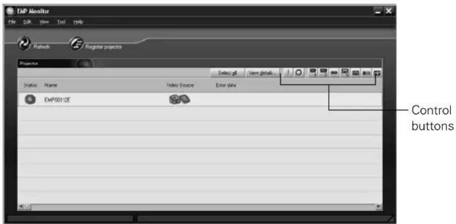 EMP Monitor File Edit View Tools Help Refresh Register projector Projector Select pl View details... Status Name Video Source Error data EMP0013E Control buttons