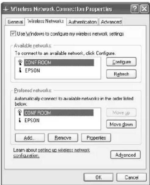 Wireless Network Connection Properties General Wireless Networks Authentication Advanced Use Windows to configure my wireless network settings Available networks: To connect to an available network, click Configure. CONF ROOM EPSON Configure Refresh Preferred networks: Automatically connect to available networks in the order listed below. CONF ROOM EPSON Move up Move down Add... Remove Properties Learn about setting up wireless network configuration. Advanced OK Cancel