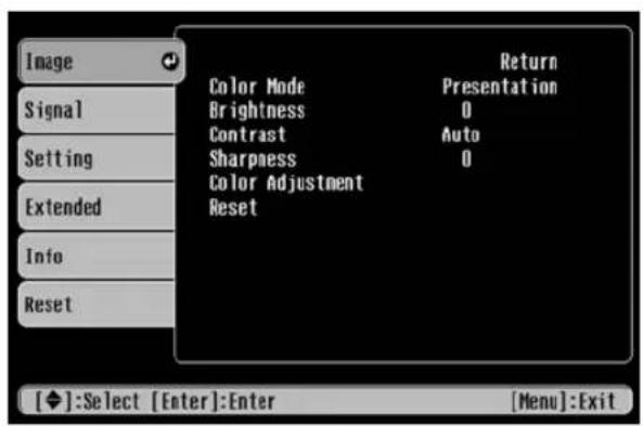 Image Signal Setting Extended Info Reset Color Mode Brightness Contrast Sharpness Color Adjustment Reset Return Presentation 0 Auto 0 [◆]:Select [Enter]:Enter [Menu]:Exit