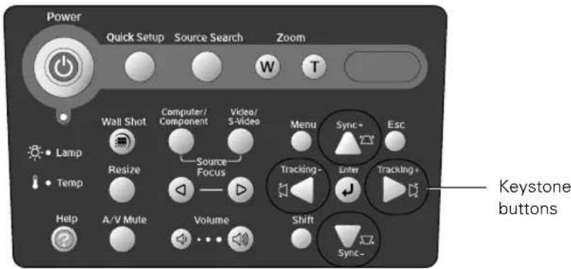 Power Quick Setup Source Search Zoom W T Wall Shot Computer/ Component Video/ S-Video Menu Sync+ Esc Resize Source Focus Tracking- Enter Tracking+ Temp Shift Sync- Help A/V Mute Volume