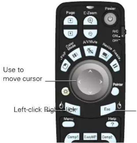 Page E-Zoom Power Color Mode A/V Mute R/C ON OFF Free Pointer Use to move cursor Left-click Right-click Esc Menu Help Comp1 EasyMP Comp2