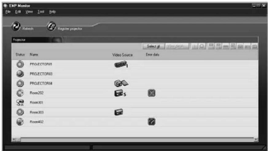 EXP Monitor File Edit View Tools Help Refresh Register projector Projector Select # Error data Status Name Video Source Error data PROJECTOR1 1 PROJECTOR2 PROJECTOR3 ROOM202 5 ROOM301 ROOM303 ROOM402