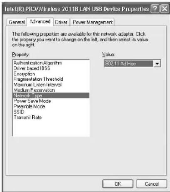 Intel(R) PRO/Wireless 2011B LAN USB Device Properties General Advanced Driver Power Management The following properties are available for this network adapter. Click the property you want to change on the left, and then select its value on the right. Property: Authentication Algorithm Driver based IBSS Encryption Fragmentation Threshold Maximum Listen Interval Medium Reservation Network Type Power Save Mode Preamble Mode SSID Transmit Rate Value: 802.11 AdHoc OK Cancel