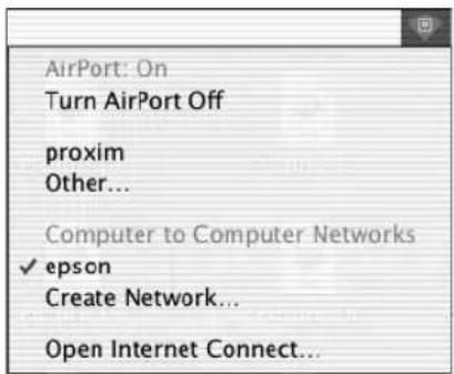 AirPort: On Turn AirPort Off proxim Other... Computer to Computer Networks ✓ epson Create Network... Open Internet Connect...